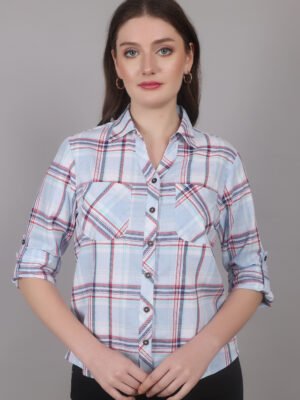 Women Sky Blue Checkered Roll-Up Sleeve Casual Shirt – Stylish & Comfortable Everyday Wear