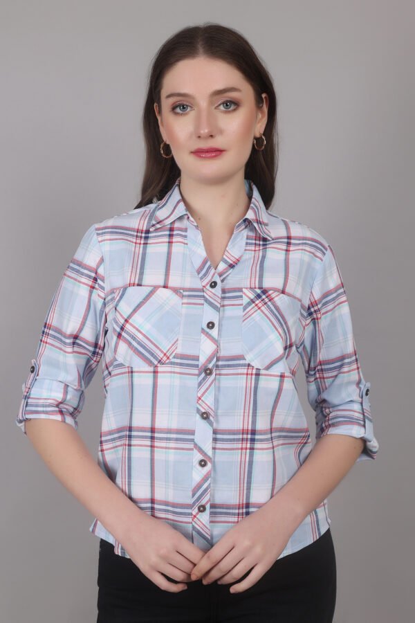 Women Sky Blue Checkered Roll-Up Sleeve Casual Shirt – Stylish & Comfortable Everyday Wear