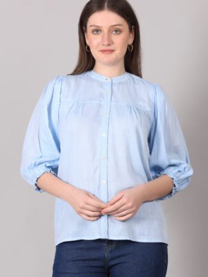 Women Powder Blue Gathered Yoke Casual Top – Elegant & Comfortable Daily Wear
