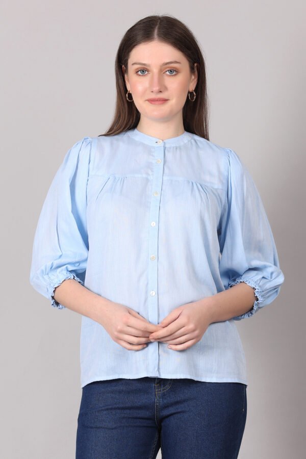 Women Powder Blue Gathered Yoke Casual Top – Elegant & Comfortable Daily Wear