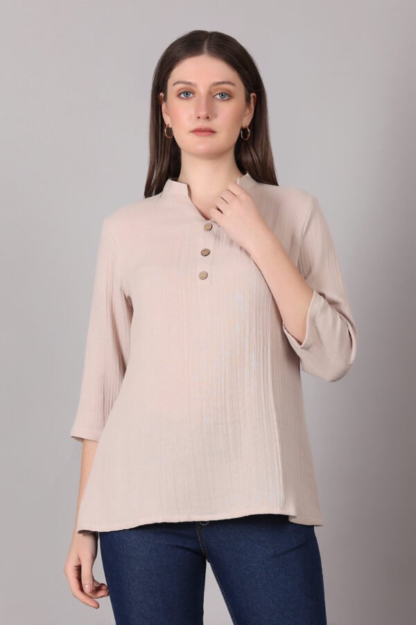 Women Soft Beige Solid Mandarin Neck Casual Top – Elegant & Comfortable Daily Wear