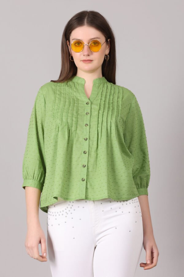 Women Fresh Green Pleated Front Casual Top – Elegant & Comfortable Daily Wear