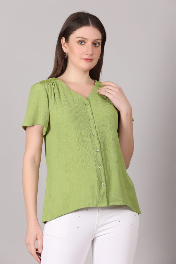Women Light Green Solid V-Neck Button Front Top – Elegant & Comfortable Casual Wear