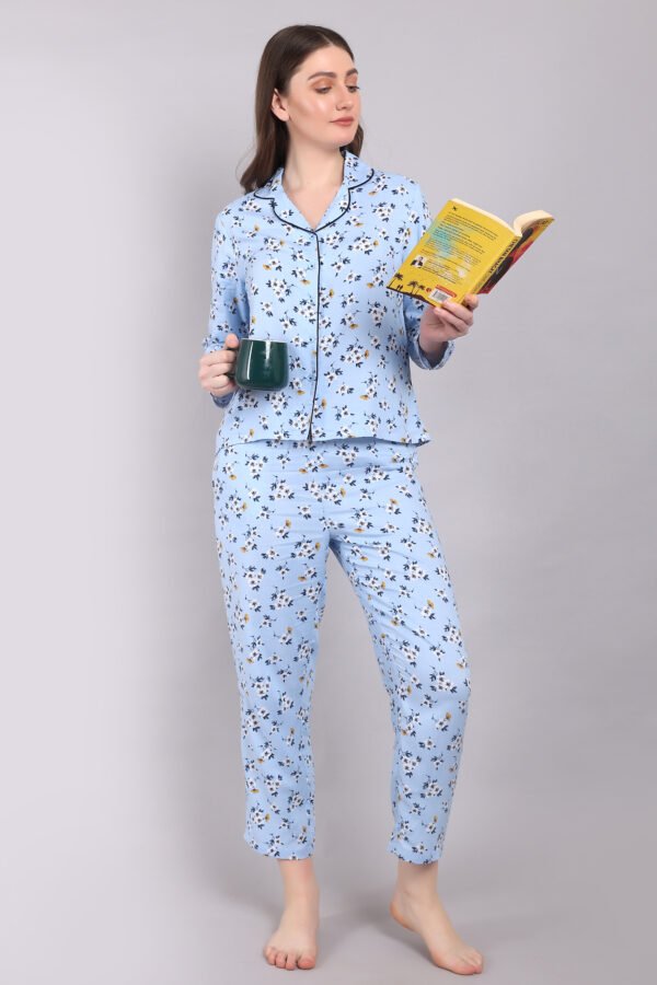 Women Light Blue Floral Printed Night Suit Set – Soft & Comfortable Sleepwear