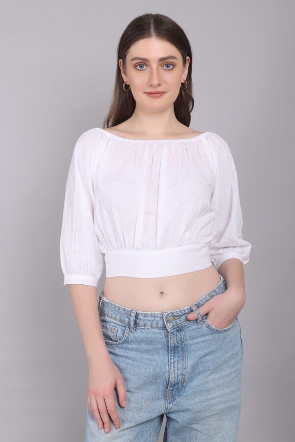 Women White Textured Elasticated Crop Top – Stylish & Trendy Casual Wear