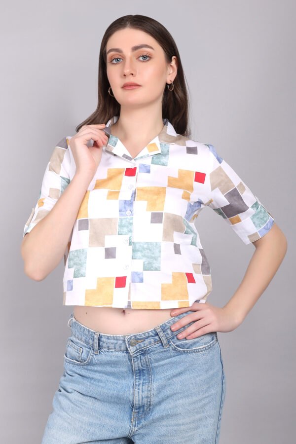 Women White Multicolor Geometric Printed Casual Top – Stylish & Comfortable Everyday Wear