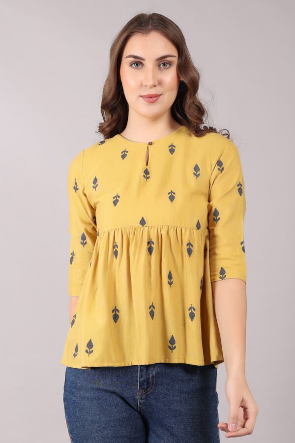 Women Mustard Yellow Printed Round Neck Peplum Top – Stylish & Comfortable Casual Wear