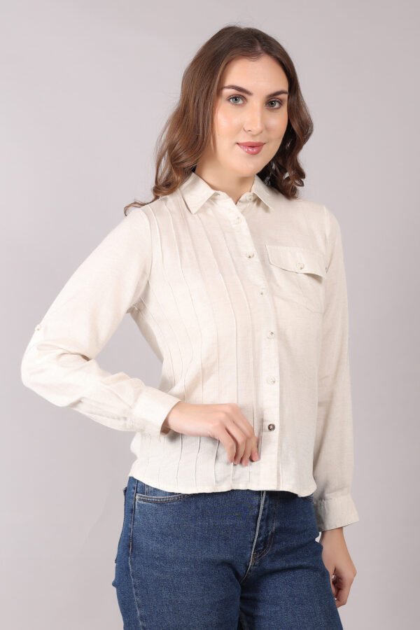 Women Cream Solid Button-Down Casual Shirt Top – Elegant & Comfortable Everyday Wear