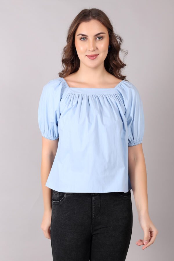 Premium Light Blue Solid Gathered Neck Casual Top for Women – Elegant & Comfortable Everyday Wear