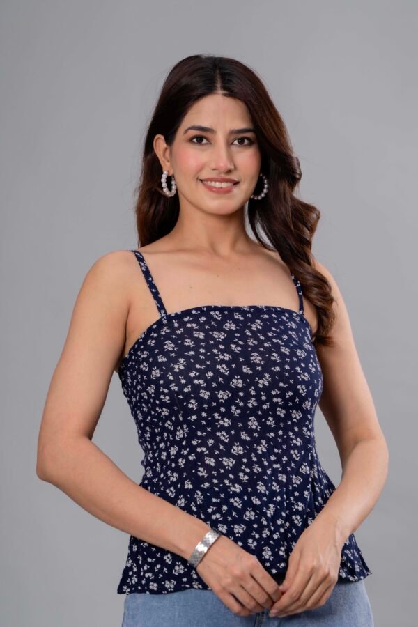 Women Blue & White Ethnic Motifs Printed Cotton Halter Neck Top – Sleeveless Summer Wear