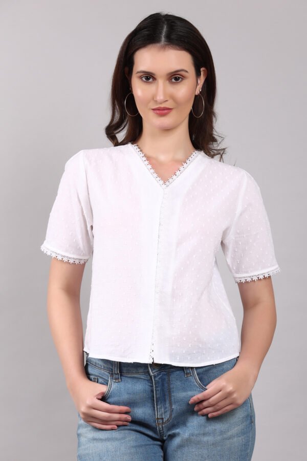 Premium White Swiss Dot Textured Short Sleeve Top for Women – Elegant & Comfortable Everyday Wear
