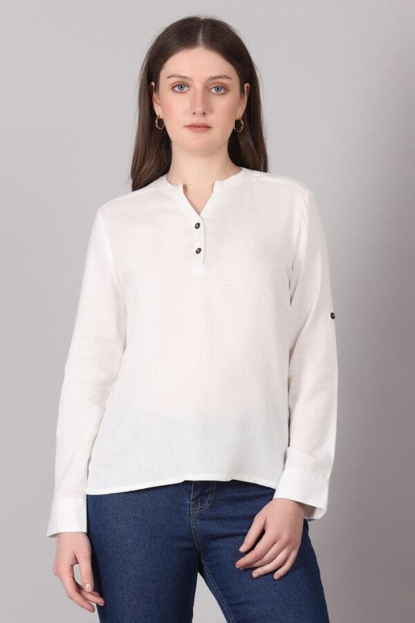 Premium White Solid Mandarin Neck Long Sleeve Top for Women – Elegant & Comfortable Everyday Wear