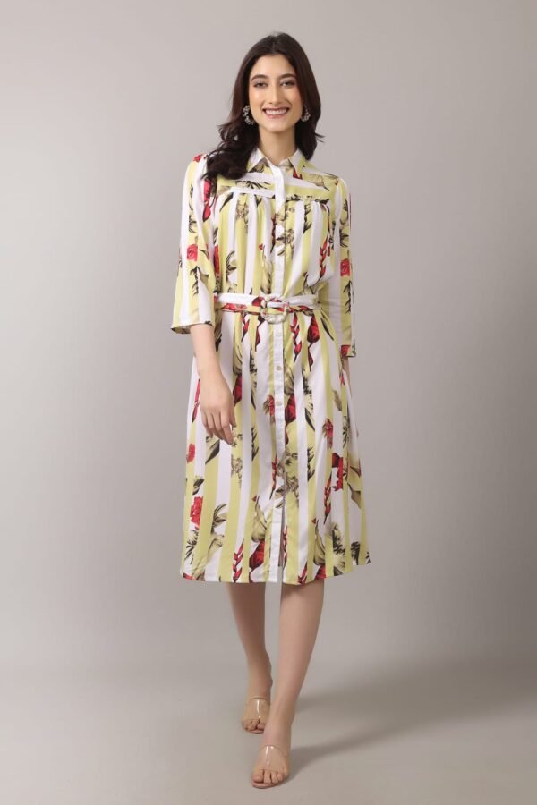 Premium Yellow & White Floral Striped Button-Down Skirt Dress for Women – Elegant & Comfortable Everyday Wear