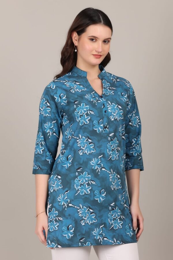 Premium Blue Floral Print Short Kurti for Women – V-Neck Trendy Rayon Cotton Kurta with 3/4th Sleeves