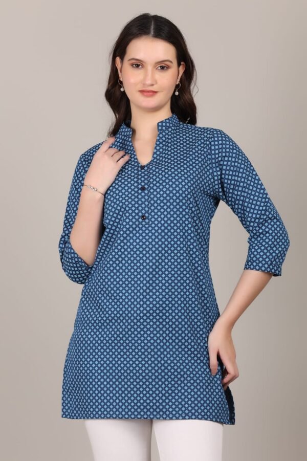 Premium Dark Blue Floral Print Short Kurti for Women – V-Neck Trendy Rayon Cotton Kurta with 3/4th Sleeves