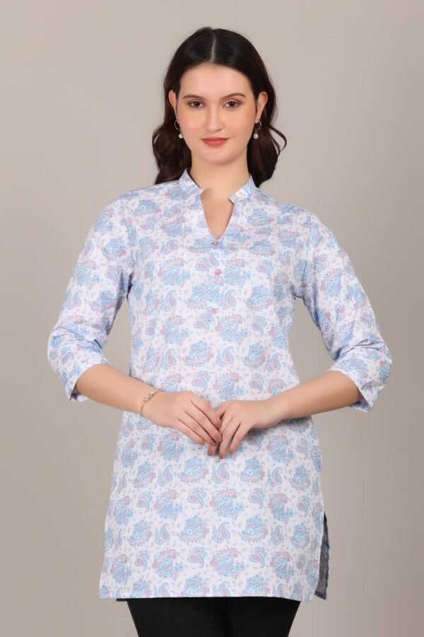 Premium White Floral Print Short Kurti for Women – V-Neck Trendy Rayon Cotton Kurta with 3/4th Sleeves