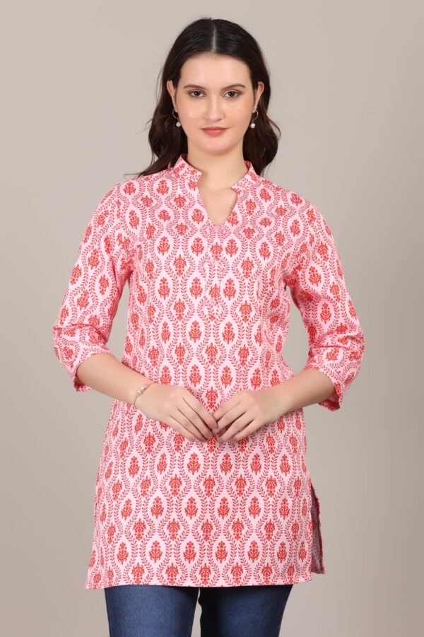 Premium Pink Floral Print Short Kurti for Women – V-Neck Trendy Rayon Cotton Kurta with 3/4th Sleeves