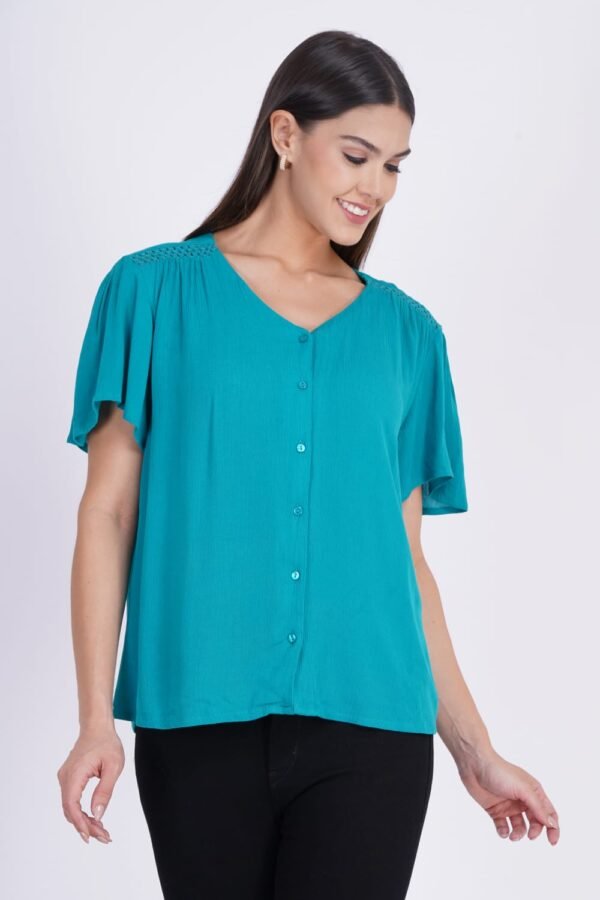 Premium Teal Green Solid Button Front Casual Top for Women – Elegant & Comfortable Everyday Wear