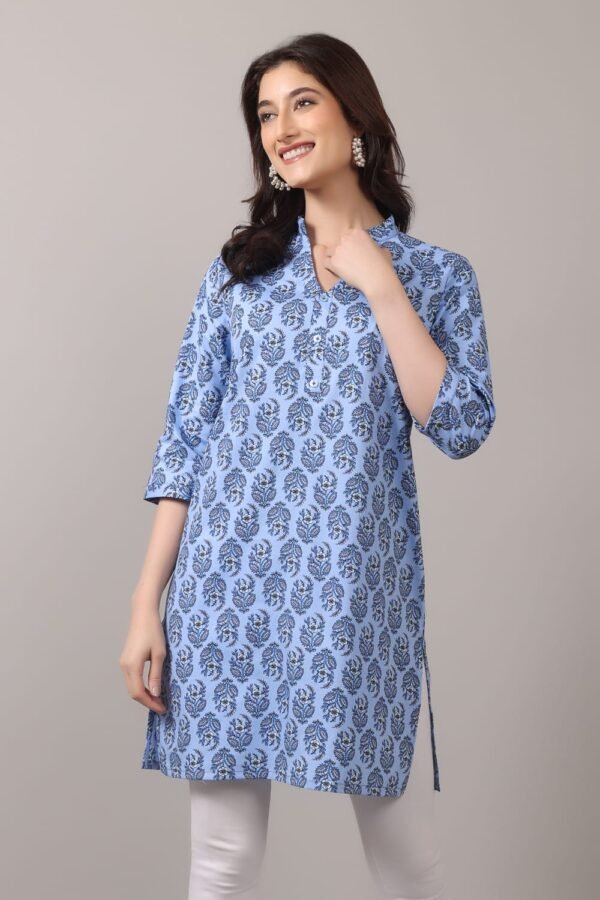 Premium Blue Ethnic Floral Printed Straight Kurti for Women – Elegant & Comfortable Daily Wear